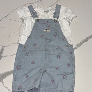 Toddler Girls Osh Kosh Jean Short Floral Overalls White Short Sleeve Shirt 4T